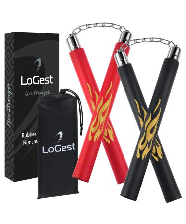 Logest Nunchucks - Pack of 2 with Storage Bag Safe Foam Rubber & Steel Chain Training Nunchakus for Kids or Adults Beginners for Martial Arts Practice Nunchaku Ninja Foam Nunchucks for Kids & Adults Black - Red