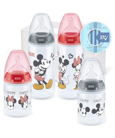 NUK First Choice+ Baby Bottle Starter Set | 0-6 Months | 4 Bottles with Temperature Control & Bottle Box | Anti-Colic Air System | BPA Free | 5 Pieces | Disney Mickey and Minnie Mouse Mickey Mouse 2 (Red) Single