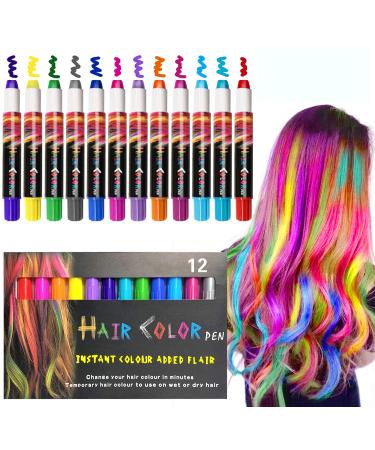 Kalolary Hair Chalk Pens for Girls, 12 Color Temporary Hair Chalk Pens Crayon Paints, Washable Non-Toxic Hair Color Dye Gifts for St. Patrick's Day Birthday Carnival Cosplay Party Favors