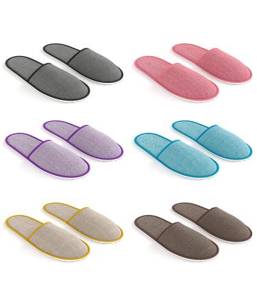 Maeline Bulk Pairs Disposable House Slippers for Family Guests - Mixed Multi Color Indoor Home Spa Hotels Office Slipper for Women Men 6 Pairs Closed Toe Linen