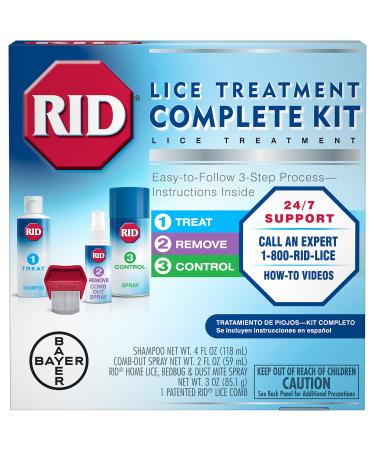 RID Lice Treatment Complete Kit Includes Fluid Ounces Lice Killing Shampoo 2 Fluid Ounces Lice and Egg CombOut Spray Lice Comb and 3 Ounces Home Lice Bedbug Dust Mite Home Spray, 4 Piece Set , 1 Count