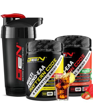 2x EAA powder + premium shaker - Cola citric + Strawberry Watermelon - Human Code Formula - All 8 essential amino acids - Amino workout drink - Delicious taste - vegan (2x - 532 g) Shaker + Cola lemon + Strawberry Watermelon 532 g (2 pack) +shaker