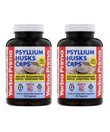 Yerba Prima Psyllium Husk Caps - 180 Capsules (Pack of 2) - Easy to Swallow Fiber Supplement - Colon Cleanse - Gut Health - Non-GMO Gluten Free