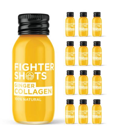 Fighter Shots Ginger + Marine Collagen (12x60ml) | Healthier Skin and Hair | 100% Natural | Perfect Morning/Post Workout Pick Me Up | No Preservatives | Fresh & Fiery Ginger Shots Ginger Collagen