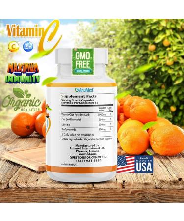 ANUMED Vitamin C 2000mg + Zinc 500mg + L-Lysine 500mg + Bioflavonoids 300mg - Immune System Booster | Antioxidants | Non GMO Gluten-Free Vegan (180 Capsules) - Buy Online on GoSupps.com