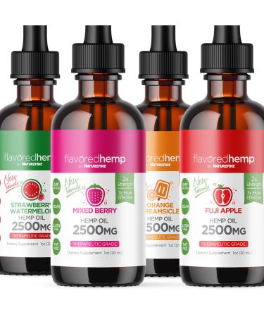 Hemp Oil - 4 Pack - Berry, Orange Creamsicle, Fuji Apple & Strawberry Melon 2500mg of Organic Hemp Oil - Grown & Made in The USA - 100% Natural Hemp Drops - Overall Health, Skin & Hair & Nails Mixed Berry, Orange Cream, Strawberry, Fuji Apple