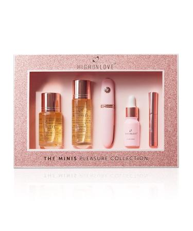 HIGHONLOVE Mini Pleasures 5-Piece Set: Bath Oil Massage Oil O Oil (for Relaxation) Lip Gloss & Mini Wand Massager