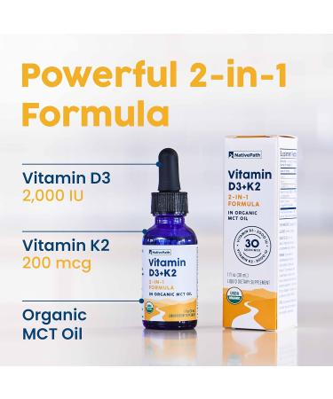 NativePath D3K2 Tincture 2000IU Vitamin D3 and Vitamin K2 Supplement with Organic MCT Oil 1 Fluid Ounce Rapid Bioavailability Multi-Vitamin for Bone Strength and Total Body Wellness 30 Servings - Buy Online on GoSupps.com