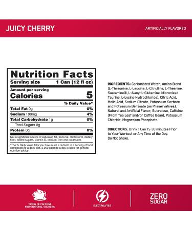Optimum Nutrition Amino Energy Drink + Electrolytes - Sugar Free, BCAA, Keto Friendly, Sparkling Juicy Cherry Flavor - Pack of 12, 12 Fl Oz Each - Buy Online on GoSupps.com