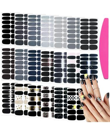 SILPECWEE 16 Sheets Black Style Nail Wraps for Women Stick on Nail Polish Strips Glitter Solid Color Self Adhesive Nail Polish Stickers Fingernail Manicure Sticker Nail Art with 1pc Nail File Luxury Black Style