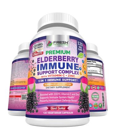 Premium Elderberry Capsules with Zinc and Vitamin C - Powerful Triple Immune Support Supplement with Bioperine Black Pepper for Superior Absorption - Non GMO - 120 Vegan Sambucus Elderberry Pills - Buy Online on GoSupps.com