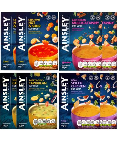 Ainsley Harriott Szechuan Hot & Sour Cup Soup 60g x2 Mulligatawny Cup Soup 87g x2 Goan Spiced Chicken 66g x2 & Caribbean Cup Soup 60g x2 (8 Pack Mixed Bundle)