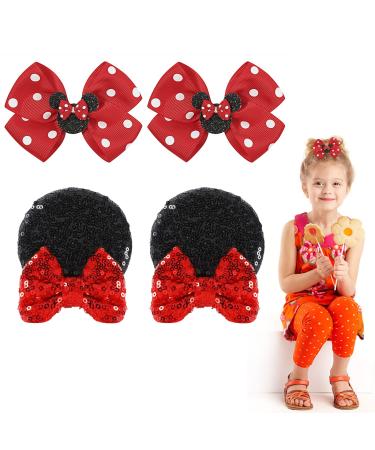 2 Pairs Mouse Ears Hair Clips and Mouse Hair Bows Barrettes for Toddler Baby Girls Kids Cute Red Polka Dot Pigtail Bows Birthday Party Cartoon Costume Hair Accessories Christmas Holiday Gift Color01