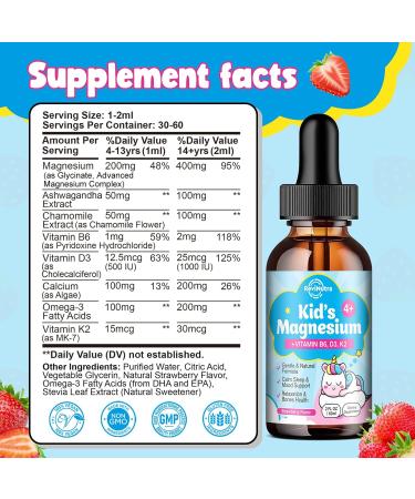 Kids Magnesium Glycinate Liquid Drops with Omega-3, Ashwagandha, Vitamin B6, D3, K2, Calcium & Chamomile - Magnesium Drops for Kids Sleep, Calm, Focus, Brain & Mood - Strawberry Flavor Strawberry 2 Fl Oz (Pack of 1) - Buy Online on GoSupps.com