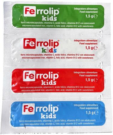 Ferrolip Kids Compl ment de Fer pour Enfants d s 3 Ans avec Acide Folique Vitamine C et B12 (20 Sachets Oralsolubles la Fraise) Sans Troubles Gastro-intestinaux Sans Go t M tallique - Buy Online on GoSupps.com