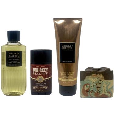 Bath & Body Works Men's Collection Whiskey Reserve 3 Piece Bundle - Body Cream - 3-in-1 Hair Face & Body Wash - Antiperspirant Deodorant - with a Cabin Spice Bar Soap