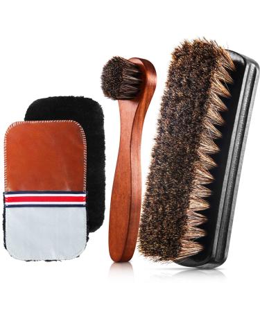 4 Pcs Horsehair Shine Shoes Brush Kit Polish Dauber Applicators Cleaning Leather Shoes Boots Care Brushes Suede Cleaner Brush with Microfiber Shoe Gloves(4 Pcs Style D)