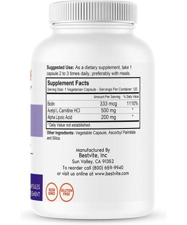 Acetyl L-Carnitine 500mg & Alpha Lipoic Acid 200mg Capsules with Biotin - Vegan, Non-GMO, Gluten Free - 120 Vegetarian Capsules - Buy Online on GoSupps.com
