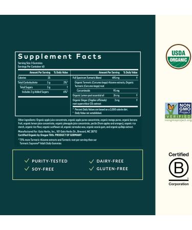 Gaia Herbs Turmeric Supreme Gummies Extra Strength - Supports Healthy Inflammatory Response in Healthy Individuals* - Lemon Ginger Flavor - 120 Vegan Organic Gummies (40 Servings) 120 Count (Pack of 1) - Buy Online on GoSupps.com
