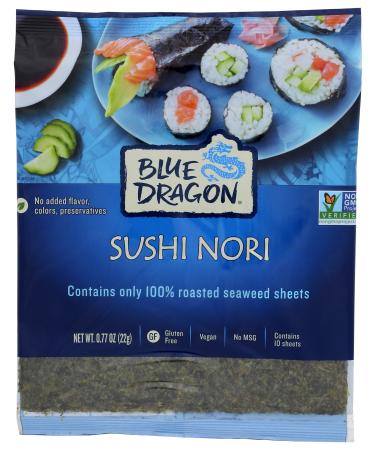 Blue Dragon Sushi Nori, 10 Full Sheets Per Pack, 0.77 Oz (Pack of 1), 100% Roasted Seaweed, Gluten Free, Vegan Friendly 1 Pack