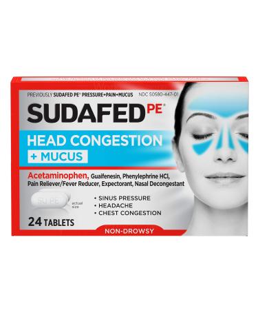 Sudafed PE Head Congestion + Mucus Relief Tablets for Sinus Pressure Congestion & Headache Non-Drowsy Decongestant with Acetaminophen Guaifenesin & Phenylephrine HCI 24 ct