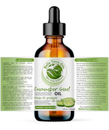 Cucumber Seed Oil. 120ml. 100% Pure. Cold-pressed. Unrefined. Organic. Carrier Base Oil. Chemical-free. Promotes Skin Hydration. Lightweight. Natural Moisturizer for Hair Skin Nails Stretch Marks. Bella Terra Oils. 120 ml (Pack of 1) - Buy Online on GoSupps.com