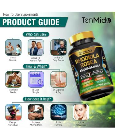Tenmido Rhodiola Rosea Supplement - 8in1 Formula - Combine with Ashwagandha Turmeric Berberine Maca Chamomile Green Tea and Black Pepper - Nutrient Rich - 150 Vegan Capsules - Buy Online on GoSupps.com