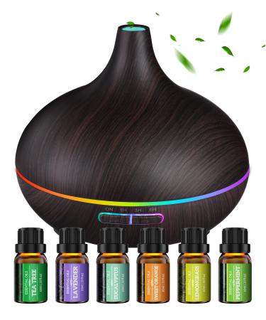 BoiClewny Oil Diffuser, 500mL Essential Diffuser with 6x10mL Oils Set, 14 Color Light, 23dB Quiet Aromatherapy 4 Optional Timers, 15H Long Runtime,BPA-Free for Bedroom Office(with Light) Fourteen Color Light