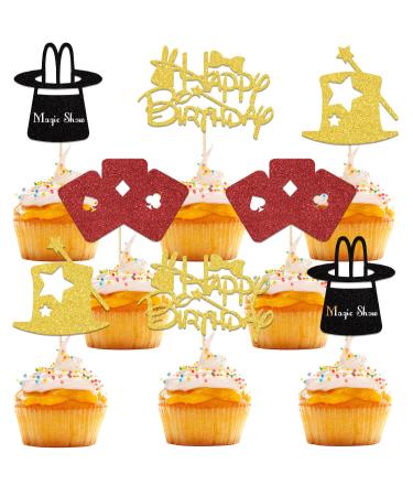 24 PCS Magic Show Birthday Cupcake Toppers Baby Shower Party Decor Magical Themed Birthday Party Decor Funny Magic Birthday Hat&Rabbit Cupcake Topper for Boys And Girls Birthday Party Decorations