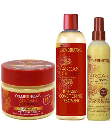 Creme of Nature Argan Oil Twist & Curl Pudding Intensive Conditioning Treatment and Strength & SHine Leave-In Conditioner (Set of 3)