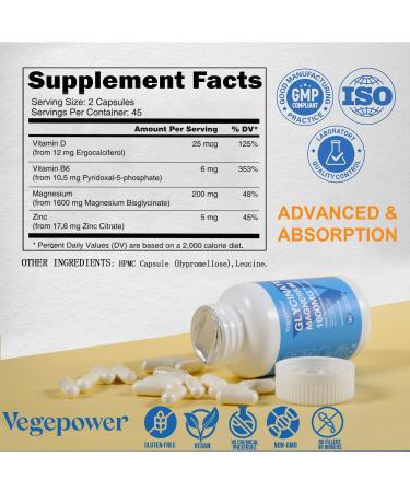 Magnesium Glycinate 1600mg Supplements - with Vitamin B6 & Zinc Vitamin D3 Chelated Magnesium for Sleep Muscle Bone and Immune Health High Absorption Magnesio Non-GMO Vegan 90 Capsules Magnesium Bisglycinate 90 Count  - Buy Online on GoSupps.com