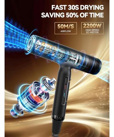 GRT PRO Hair dryer ion hairdryer 2200 W EC motor hair dryer 110000 rpm 320 g travel hair dryer ion hair dryer 200 million ionic hair dryer with diffuser 3 speeds 4 heat settings thermocontrol for hair salon home travel Black - Buy Online on GoSupps.com