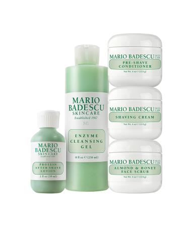 Mario Badescu-men Grooming Basics 5 Piece-kit Skin Care Gift Set for-men-with Pre Shave Conditioner Shaving Cream Almond & Honey Face Scrub After Shave Lotion and Enzyme Cleansing Gel