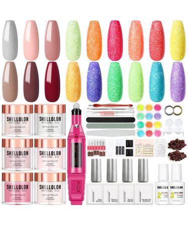 Dipping Powder Nail Kit Starter with Nail Drill-6 Colors Dipping Nail Powder 12pcs Glitter Nail Powder Essential Liquid Set with Base Top Coat All in One Manicure Tools Kit Gifts for Women color-B5