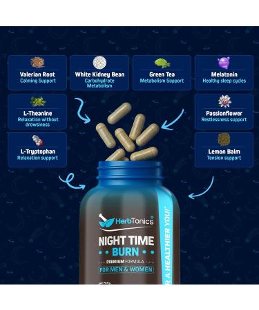 Herbtonics Night Time Burn & Sleep Complex Supports Overnight Metabolism Stress Relief & Deep Sleep. Includes Melatonin Valerian and Green Tea Vegan Bedtime Weight Management (60 Capsules) 1 - Buy Online on GoSupps.com