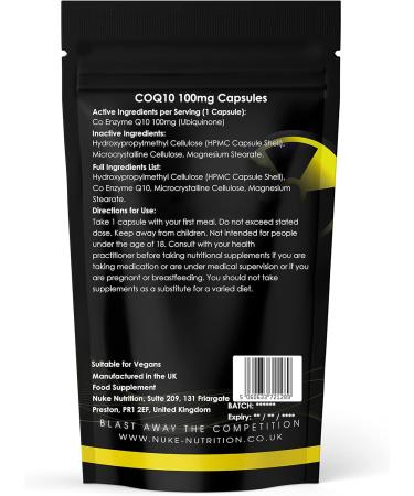 Nuke Nutrition 100mg COQ10 Supplement | 180 High Strength Co Enzyme Q10 Capsules | Heart Health Antioxidant | Vegetarian Friendly - Buy Online on GoSupps.com