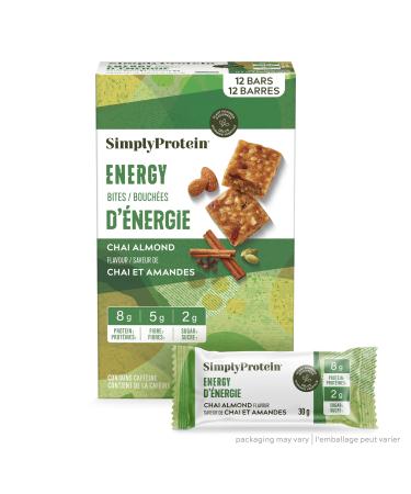 Simply Protein - Chai Almond Energy Bites 12 Bars - Plant Based Caffeinated Squares - 55mg Caffeine - Natural Energy Boost - 8g Protein 2g Sugar 5g Fibre 130 Calories - Vegan Gluten Free Non GMO Chai Almond 360 g (Pack of 1)