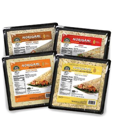 Norigami Non-GMO Gluten-Free Soy Wraps Sesame Seeds, Soy Wraps Chili, Soy Wraps Poppy Seed and Soy Wraps Flax Seeds (6 Wraps Per Pack), Ready To Fill And Serve Wraps (4 Packs) Soy Wraps Sesame Seeds 4 Piece Assortment