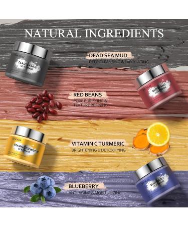 4 Pcs Clay Mask Set - Vitamin C Turmeric Dead Sea Mud & Blueberry | Deep Cleansing & Pore Refining Face Masks for Skincare 320g - Buy Online on GoSupps.com