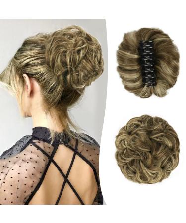 BARSDAR Claw Clip Messy Bun Hairpiece Clip in Hair Scrunchies Curly Synthetic Hair Bun Extensions for Women Ponytail Updo Hair Donut Chignon Golden Brown with Dark Blonde Highlights
