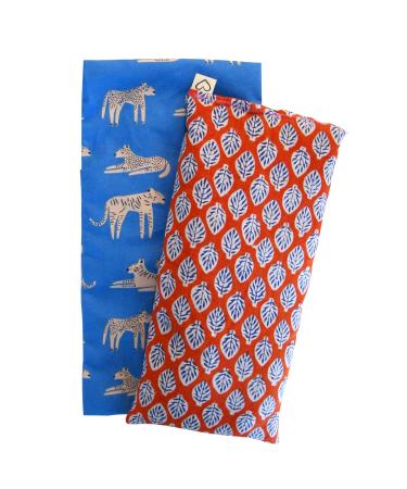 Scented Eye Pillow Gift Set - Lavender Flax - Washable Cover - Weighted - 4 x 8.5 Cotton block print - Soothing Relaxation - yoga sleep massage - leaf orange blue Orange w/blue