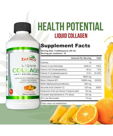 Liquid Collagen for Women & Men-Pine'O'Range Flavored Premium Grade 10000 mcg Biotin+8000 mg of Hydrolyzed Collagen for Radiant Skin Glow Anti-Aging Hair Growth & Nice Nails.16 fl oz-Made in USA - Buy Online on GoSupps.com