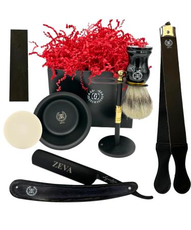 Straight Razor Shaving Kit | Vintage Wet Shave Grooming Set for Men - Includes: Straight Edge Razor with Cow leather Strop for Honning Shaving Brush Wet Sharpening Stone Soap Bowl Shave Stand