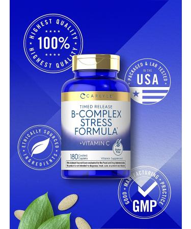 Carlyle B Complex Stress Vitamin Supplement 180 Caplets with Vitamin C | Non-GMO & Gluten Free - Buy Online on GoSupps.com