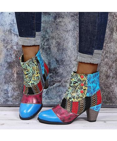 Caixunkun Women's Retro Ankle Boots - Comfort High Heel Leather Shoes for Autumn Winter - Size 38.5 EU - Blue - Buy Online on GoSupps.com