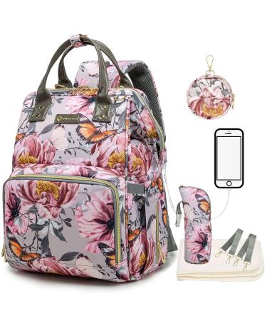 Floral Diaper Bags for Baby,Baby Bag with Coin Bag USB Charging Port Stroller Straps and Insulated Pocket for Women/Girls/Mum/Boys/Toddler by Qwreoia (Grey Pink Flower Pattern)