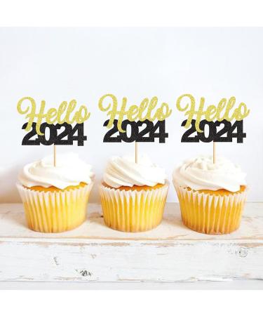 30 Pcs Glitter Happy New Year Cupcake Toppers 2024 Gold Black Cupcake topper Cheers to 2024 Cake Picks for New Years Eve Party Decoration (Hello) - Buy Online on GoSupps.com