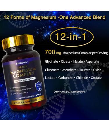 SPNHKQV Magnesium 12-in-1 Complex Supplement 700mg High Absorption Magnesium Glycinate Capsules for Women & Men Muscle Nerve & Sleep Support 120 Vegan Capsules - Buy Online on GoSupps.com