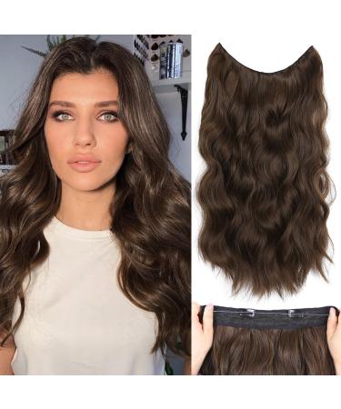 Halos Hair Extension with Transparent Wire Invisible Wire Hair Extensions with 5 Adjustable Sizes 20 Inch Synthetic Long Wavy Hair Pieces for Women (Color: Chestnut Brown)