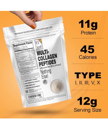 It's Just! - Multi Collagen Peptides (Types I II III V X) w/Vitamin C Biotin Hyaluronic Acid No Added Flavor Tested for Heavy Metals Gluten Free Non-GMO Unflavored / 20oz - Buy Online on GoSupps.com